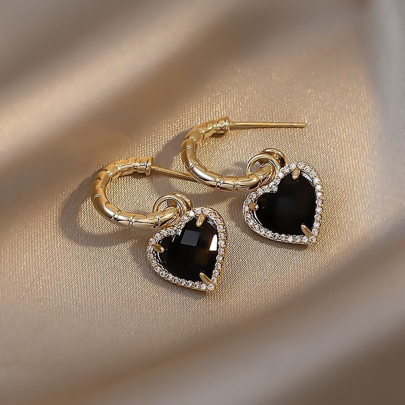 Elegant Gold Earrings with Heart Design in Black