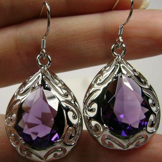 Elegant Vintage Silver Earrings with Shimmering Purple Crystal Drops