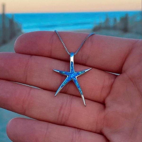 Fascinating Blue Opal Starfish Necklace with Elegant Silver Jewelry