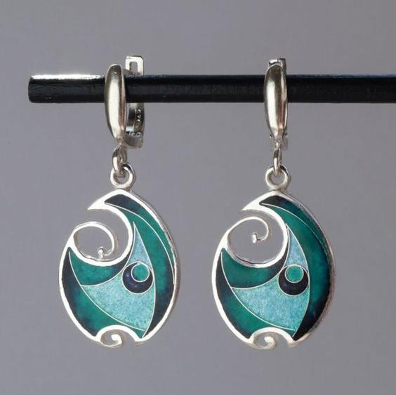 Elegant Vintage Silver Earrings with Blue Enamel Design