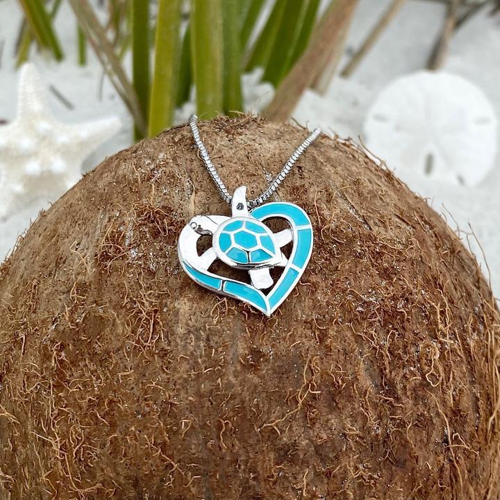 Charming blue and silver turtle heart necklace