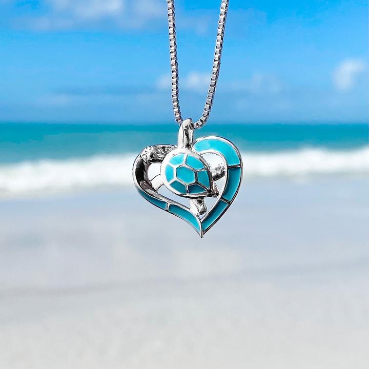 Charming blue and silver turtle heart necklace