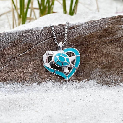 Charming blue and silver turtle heart necklace