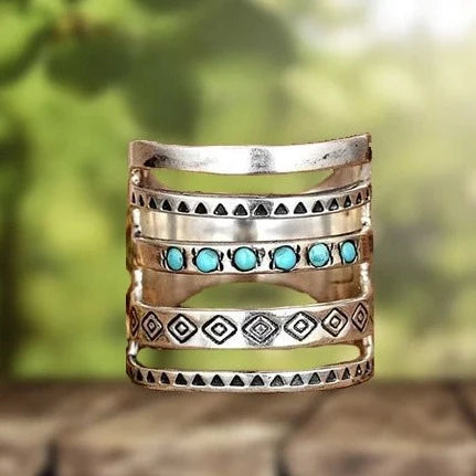 Elegant Bohemian Ring with Artfully Carved Turquoise Design