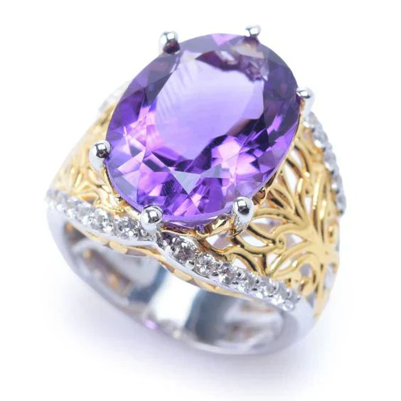 Elegant Vintage Purple Glass Ring with Gold and Silver Accents