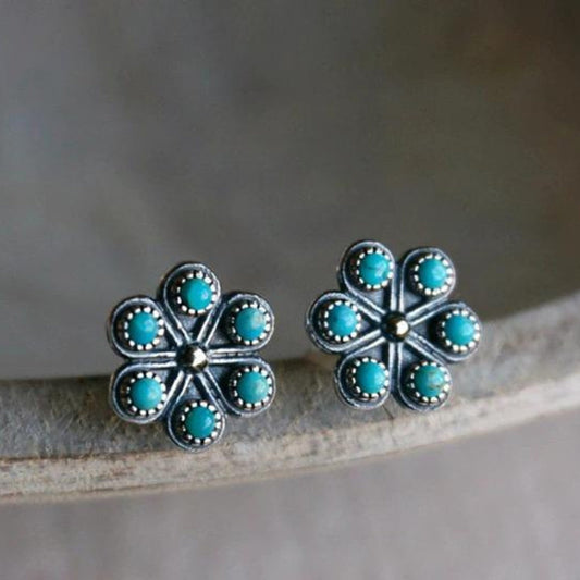 Radiant Blue Opal Flower Boho Earrings made of finest Sterling Silver