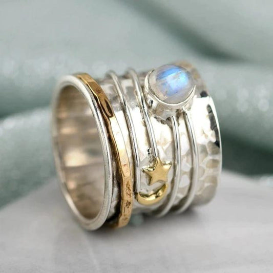 Charming Star and Moon Moonstone Spinner Ring