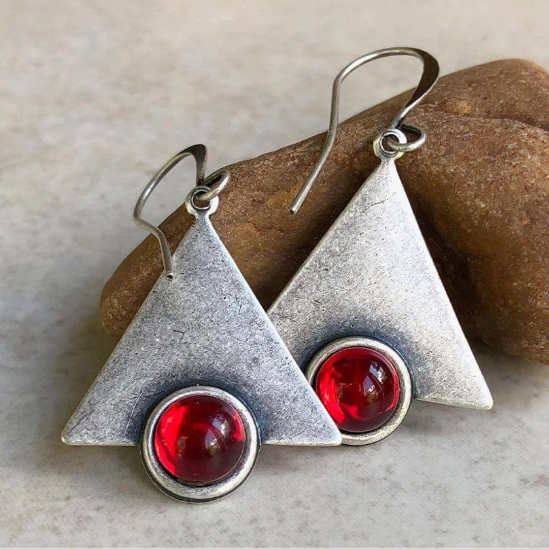 Handcrafted Boho Triangle Earrings in Sterling Silver with Vibrant Red Stones