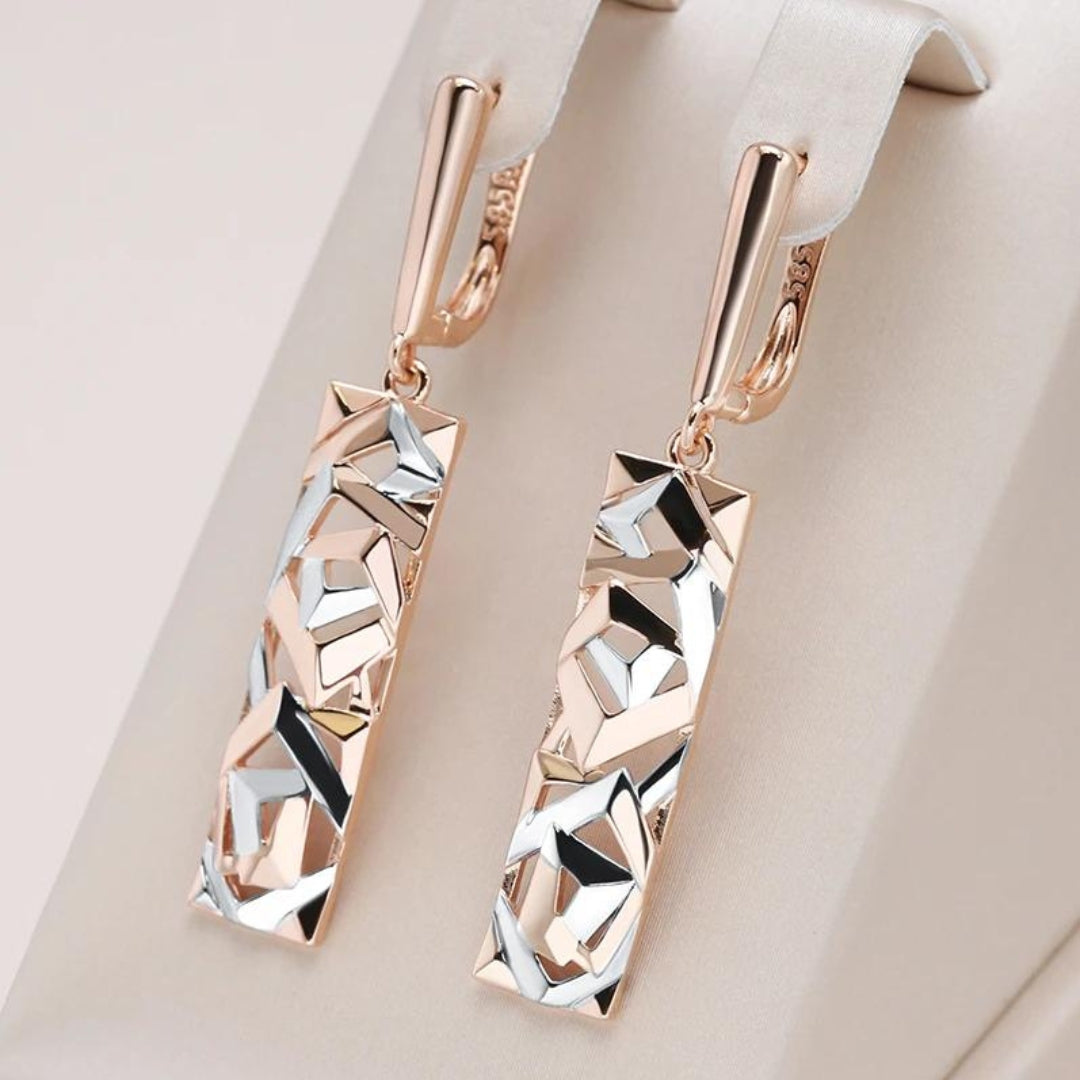 Stylish rectangular earrings made of fine gold and silver