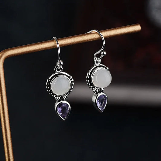 Eye-catching Vintage Moonstone Earrings with Purple Crystal Accents