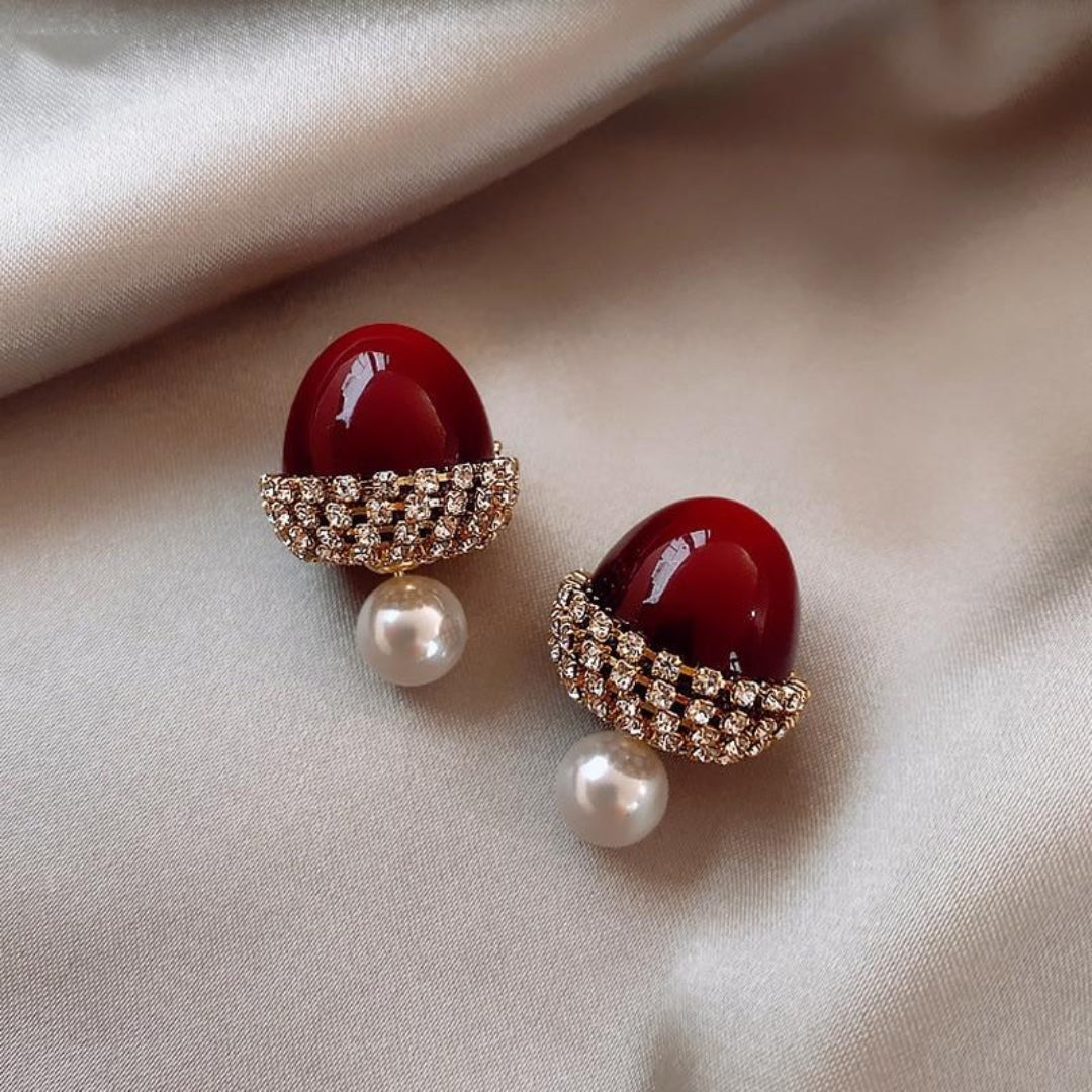 Elegant Red Hazelnut Earrings with Sparkling Pearls