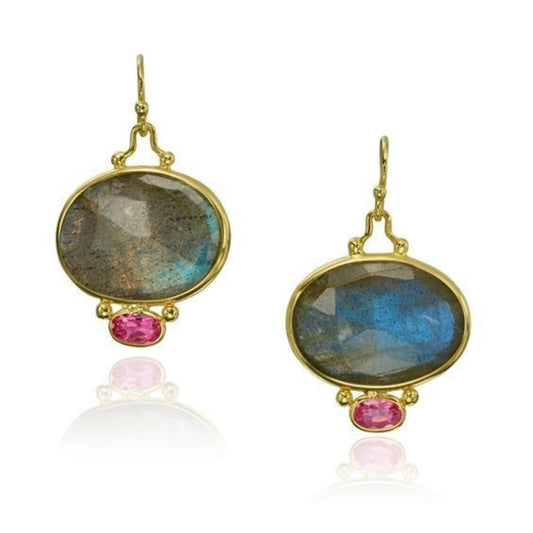 Elegant Vintage Earrings with Blue Crystal and Red Zirconia