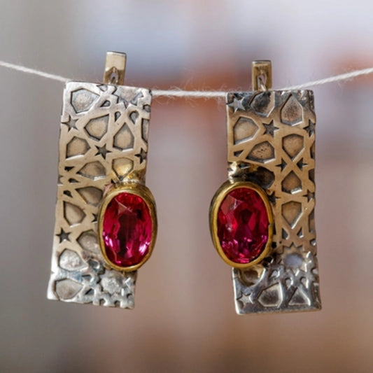 Elegant Vintage Gold and Silver Earrings with Red Zirconia