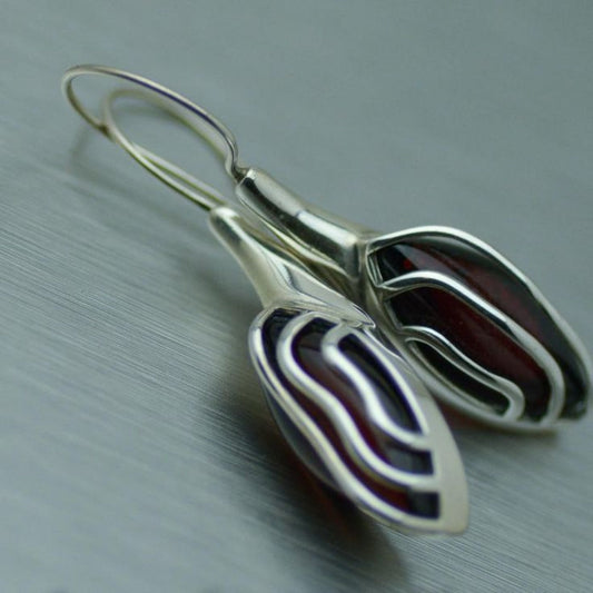 Elegant Vintage Dark Red Stone Earrings with Silver Accents