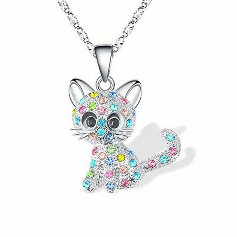 Charming necklace with silver baby kittens and colorful zirconia stones