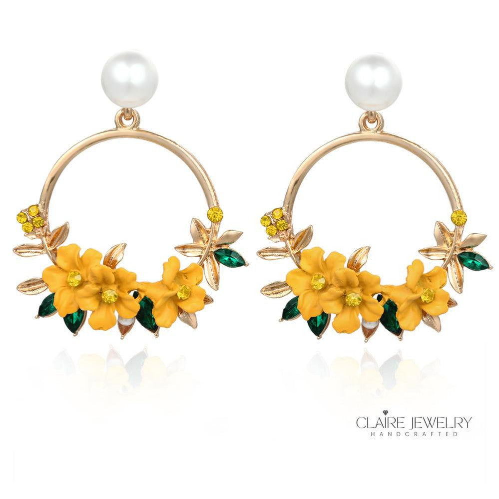 Gold Flower and Pearl Earrings