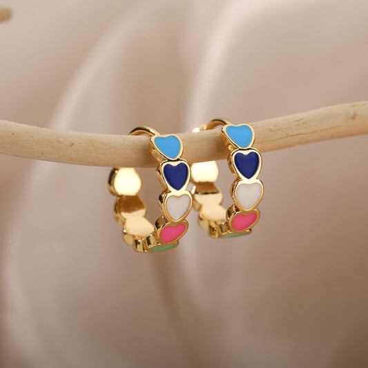 Elegant Multicolored Heart Earrings with Golden Accent