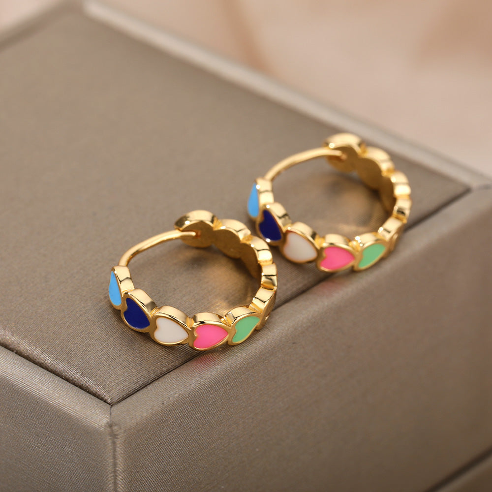 Elegant Multicolored Heart Earrings with Golden Accent