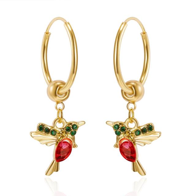 Elegant hummingbird stud earrings made of gold with sparkling zirconia and colorful enamel design