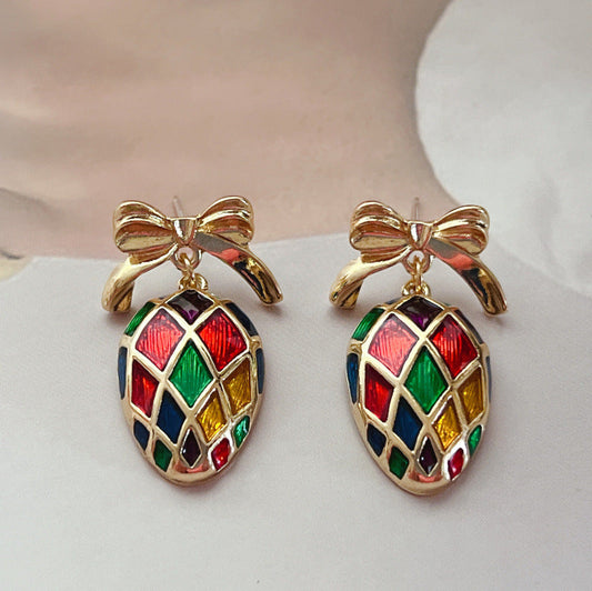 Charming Vintage Multicolor Enamel Gold Earrings