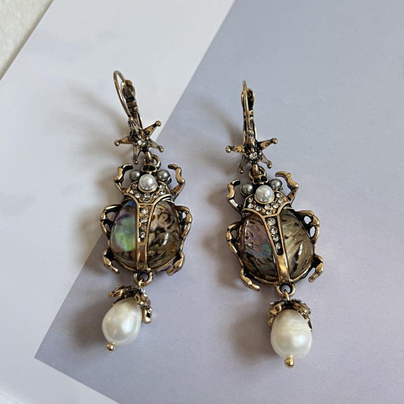 Charming Vintage Beetle Earrings with Sparkling Pearls