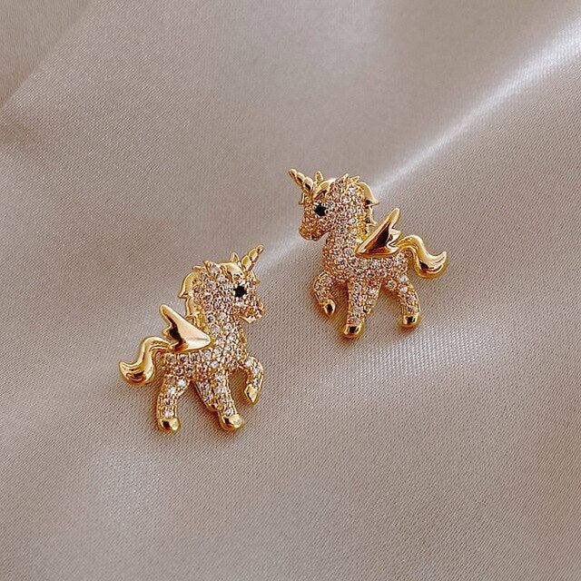 Seductive Golden Unicorn Earrings with Sparkling Zirconia