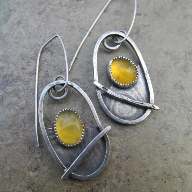 Elegant Vintage Yellow Crystal Earrings with Silver Accents