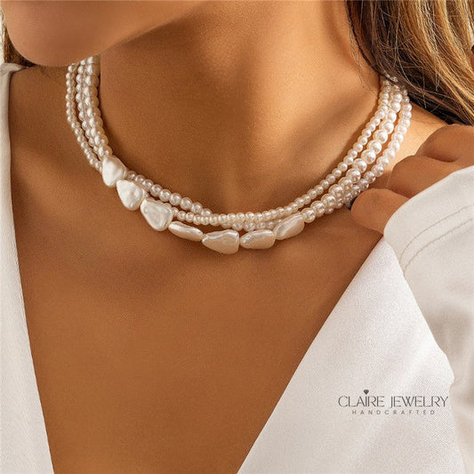 White Stone and Pearl Necklace in Gold