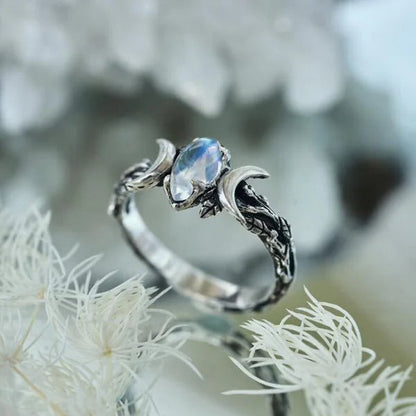 Double Crescent Moon Ring with Precious Gemstones