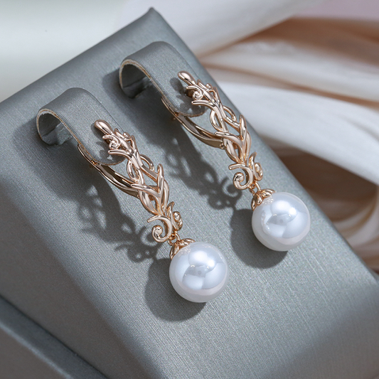 Glamorous Earrings with Golden Pearls in Forest Design