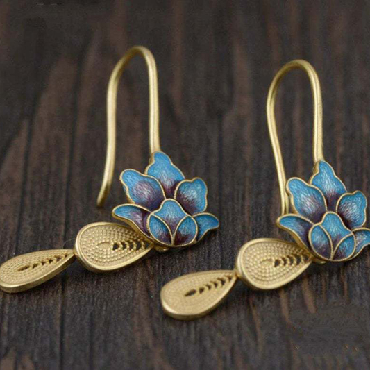 Elegant Golden Boho Earrings with Blue Lotus Design