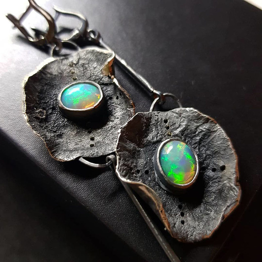 Elegant Boho earrings with shimmering green opal in sterling silver