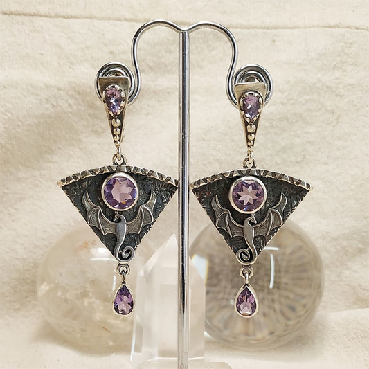 Elegant Vintage Silver Earrings with Sparkling Purple Zirconia