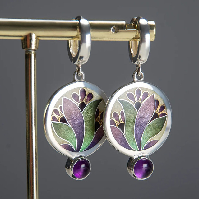 Chic Boho Earrings with Sparkling Purple Crystals Made of Sterling Silver