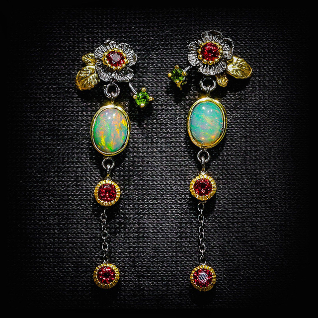 Creative Boho Earrings with Sparkling Opal and Bright Red Zirconia