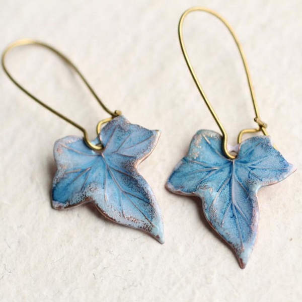 Elegant Vintage Earrings with Blue Enamel Effect in Leaf Design