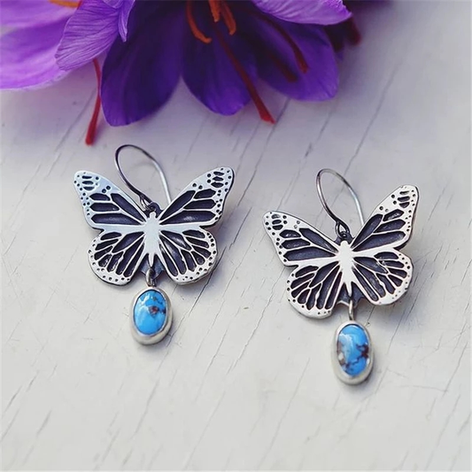 Elegant Vintage Silver Earrings with Blue Stone Butterfly Design