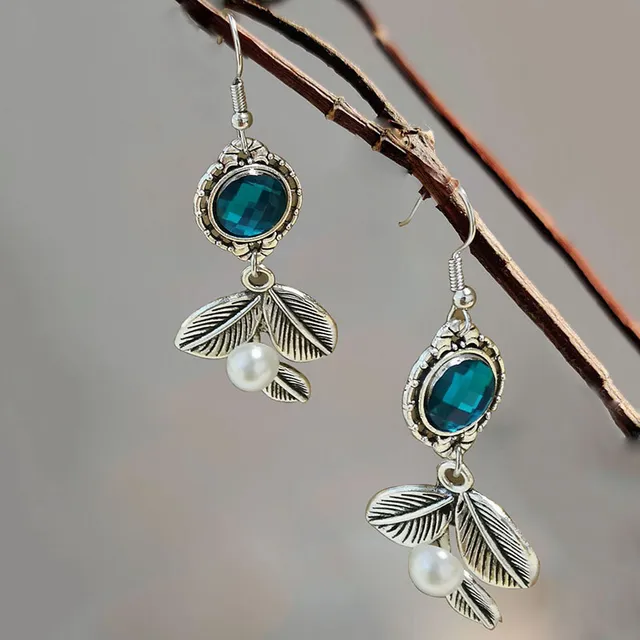 Elegant Vintage Earrings with Pearls and Blue Crystal Leaf