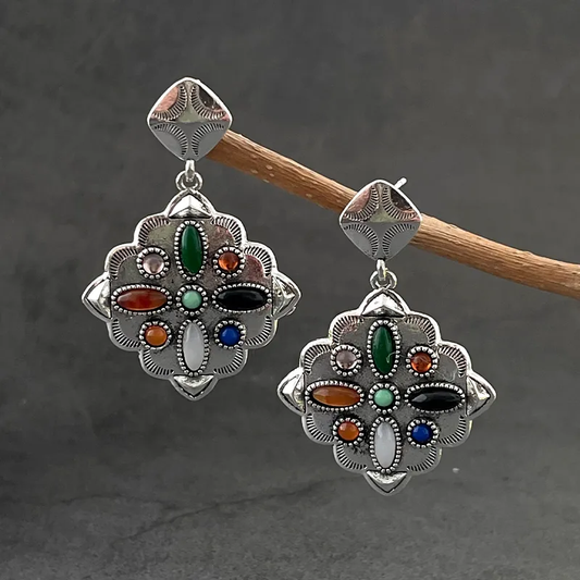 Elegant Vintage Colorful Stone Silver Earrings for a Unique Look