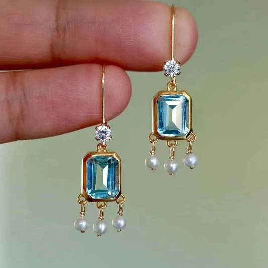 Elegant Vintage Earrings with Sparkling Blue Crystal Pendant