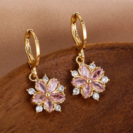 Delicate Pink Crystal Daisy Design Earrings