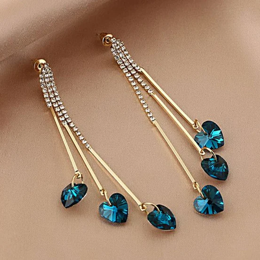 Elegant Rain Earrings with Shining Blue Crystal Hearts