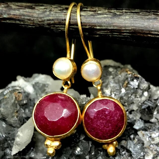 Elegant Vintage Gold Earrings with Red Accents and Pearls