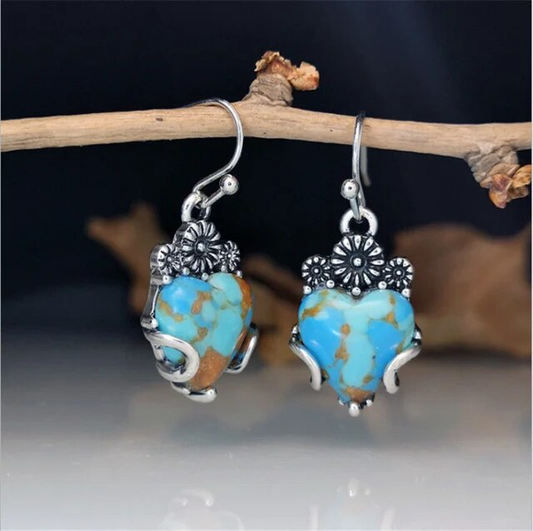 Elegant Vintage Earrings with Blue Heart and Turquoise Accent