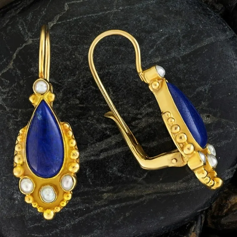 Elegant Golden Vintage Earrings with Blue Pearl Accents