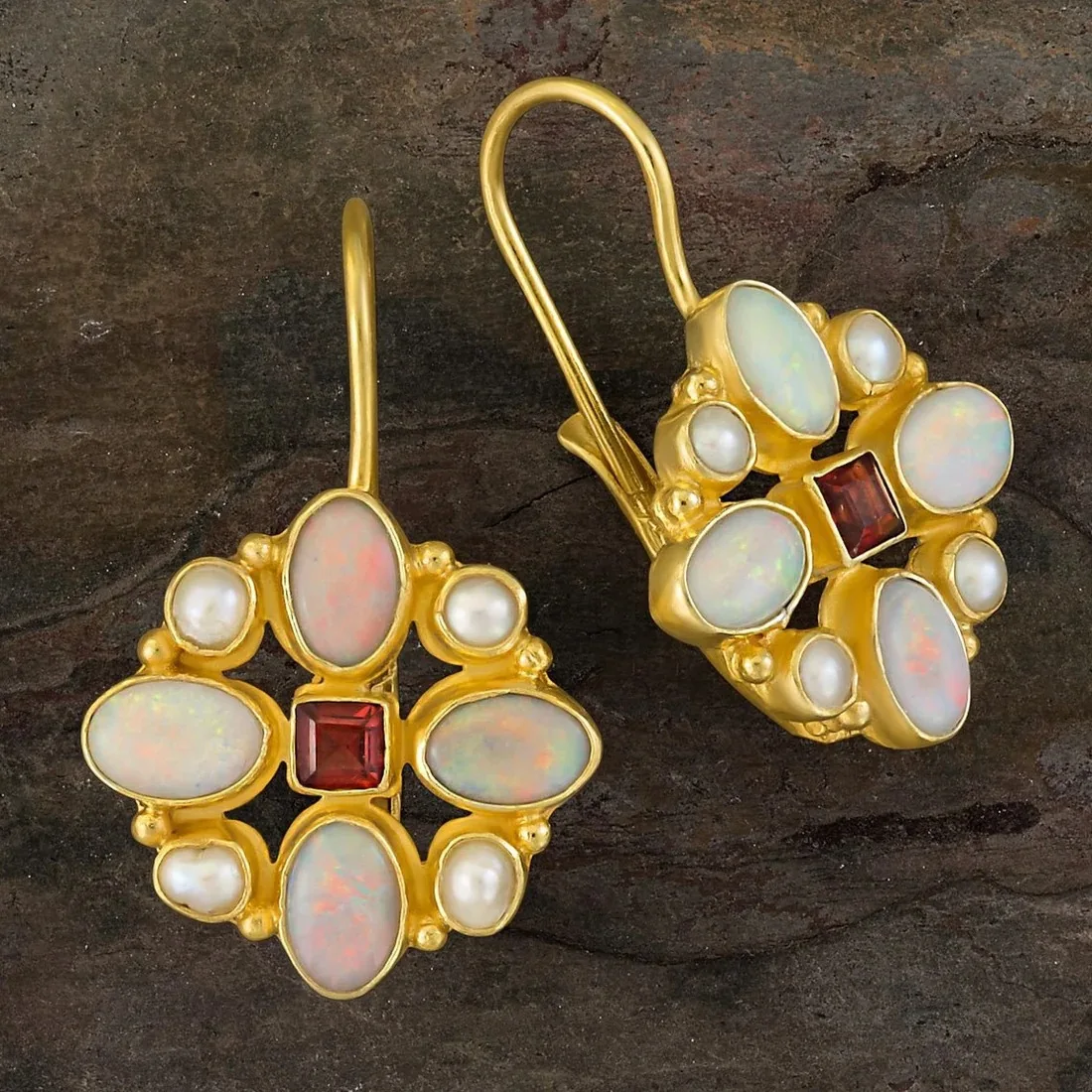 Elegant Vintage Earrings with Sparkling Pearls and Charming Opal