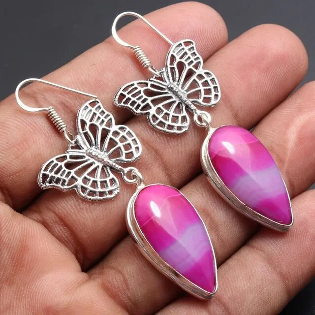 Elegant Vintage Butterfly Earrings with Delicate Pink Stone