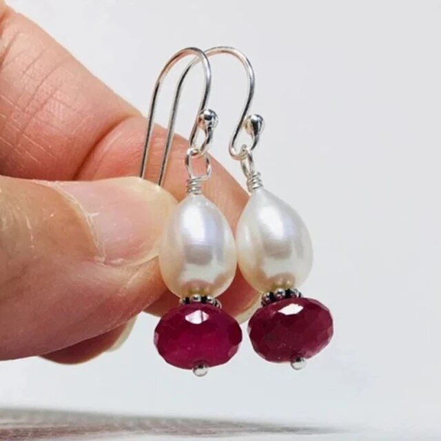 Charming Vintage Earrings with Sparkling Pearls and Bright Red Gems