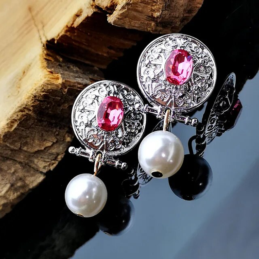 Elegant Vintage Earrings with Sparkling Pink Zirconia Pearls