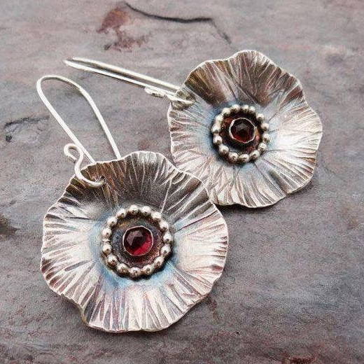 Elegant vintage silver earrings with sparkling red zirconia flowers